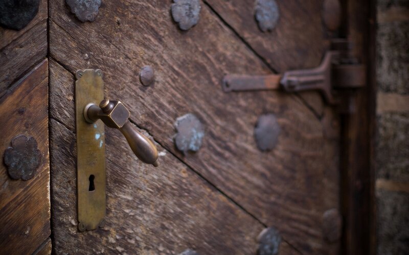antique wooden door with brass handle