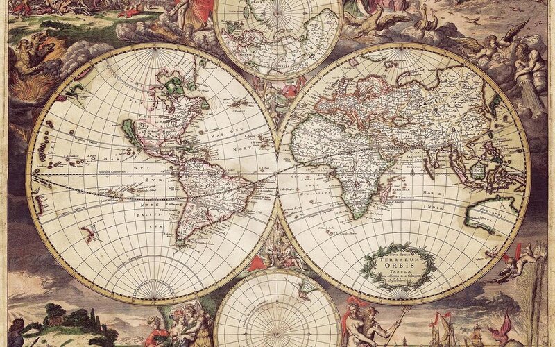Antique World Map — Beige, Dramatic, Illustration