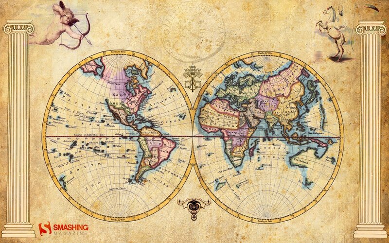 Antique World Map — Beige, Historical, Illustration