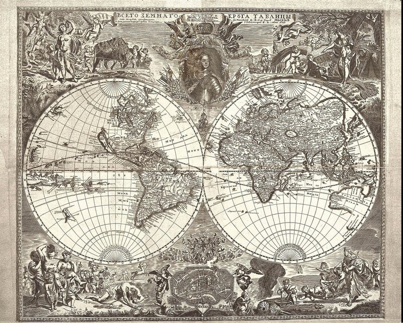 Antique World Map — Black, Dramatic, Illustration