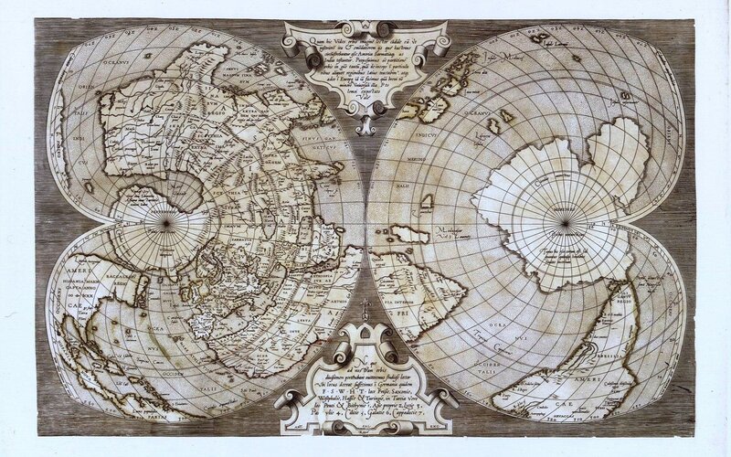 Antique World Map — Brown, Historical, Illustration, Text