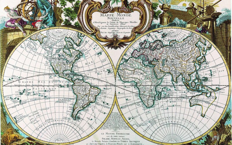 Antique World Map — Green, Dramatic, Illustration, Mythological Figures