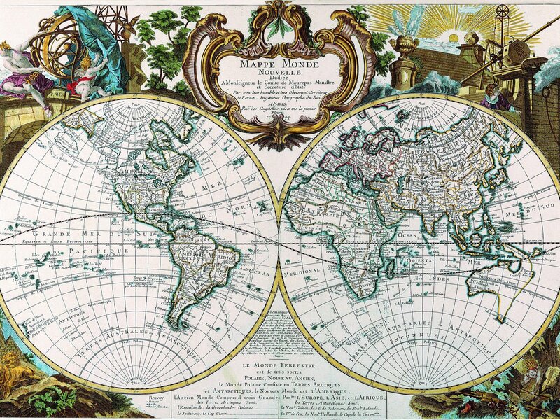 Antique World Map — Green, Dramatic, Illustration