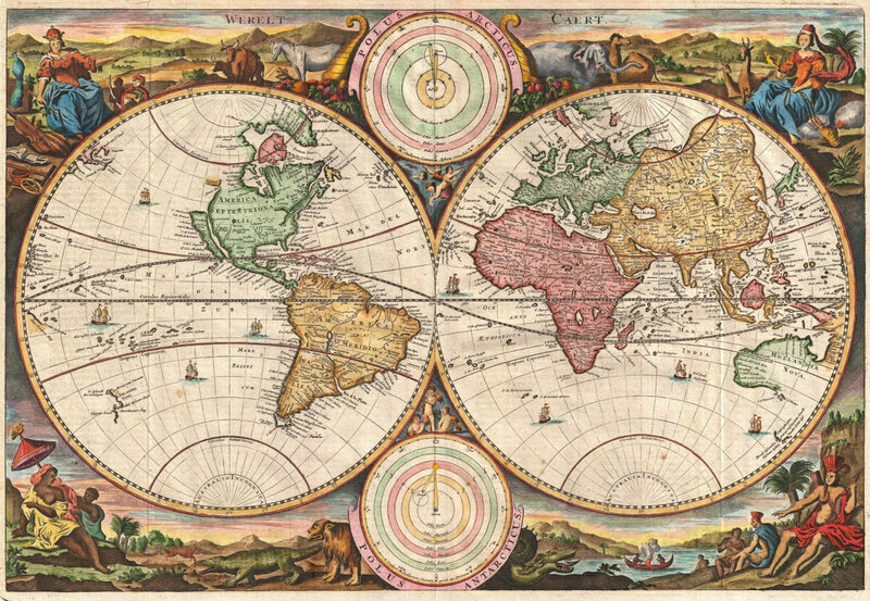 Antique World Map — Green, Dramatic