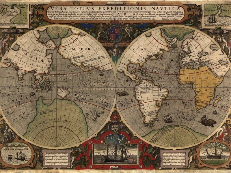 Antique World Map — Green, Historical