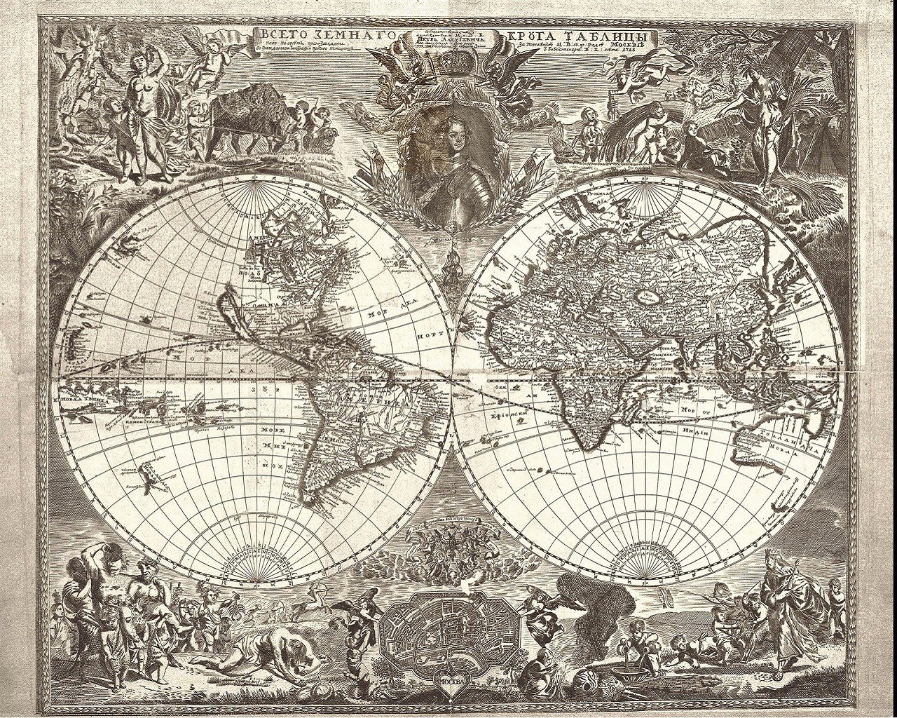 Antique world map with allegorical figures