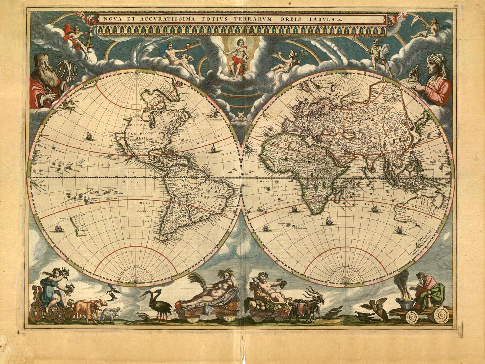 Antique world map with allegorical figures
