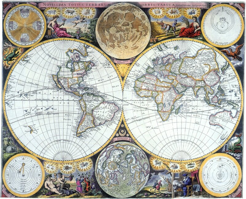 Antique world map with celestial diagrams