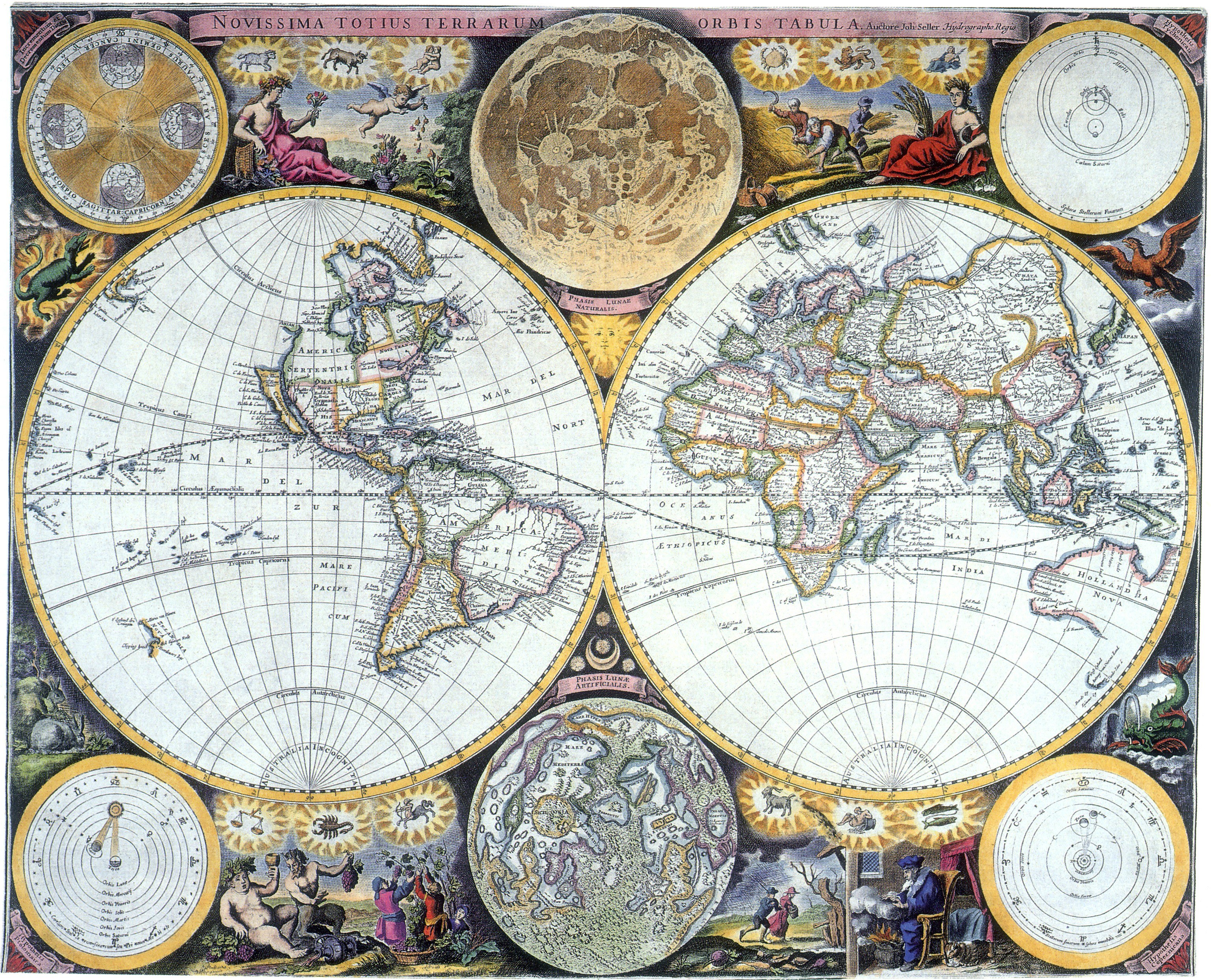 Antique world map with celestial diagrams
