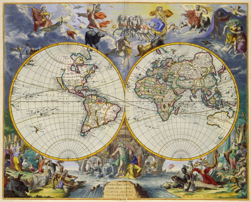 Antique world map with mythological figures