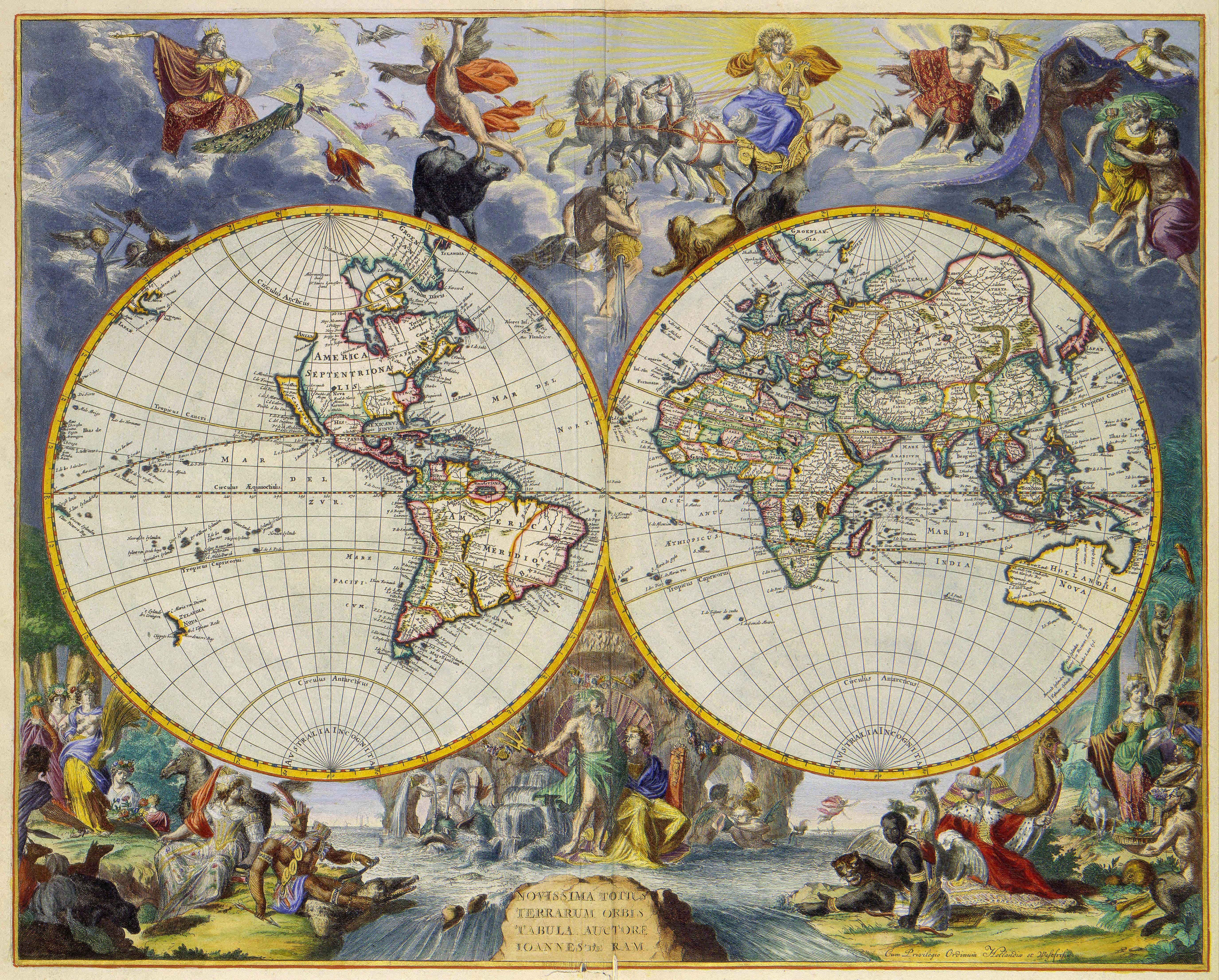 Antique world map with mythological figures