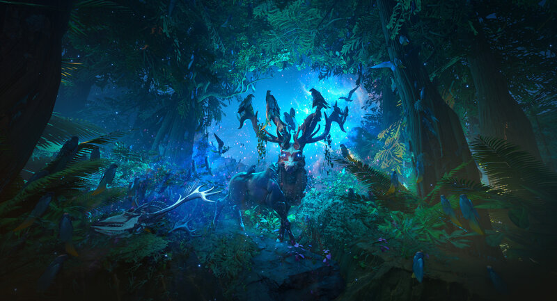 Antlered Creature in Forest — Blue, Mystical