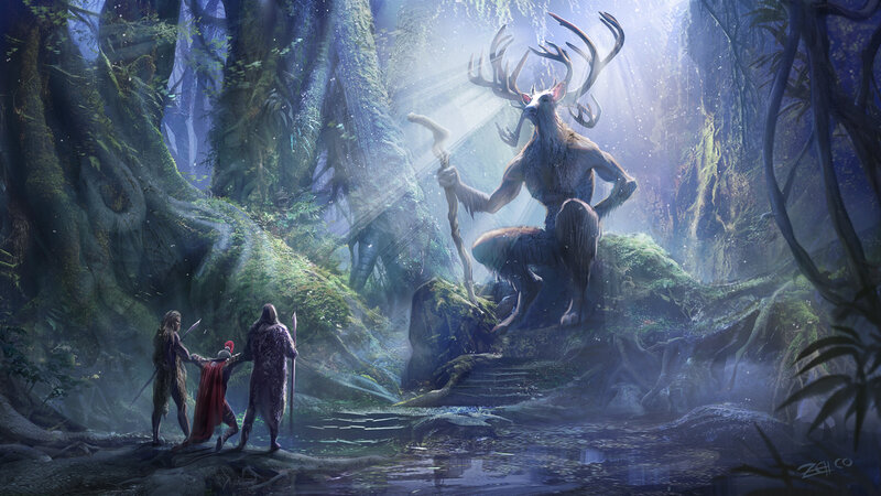 Antlered Creature in Forest — Green