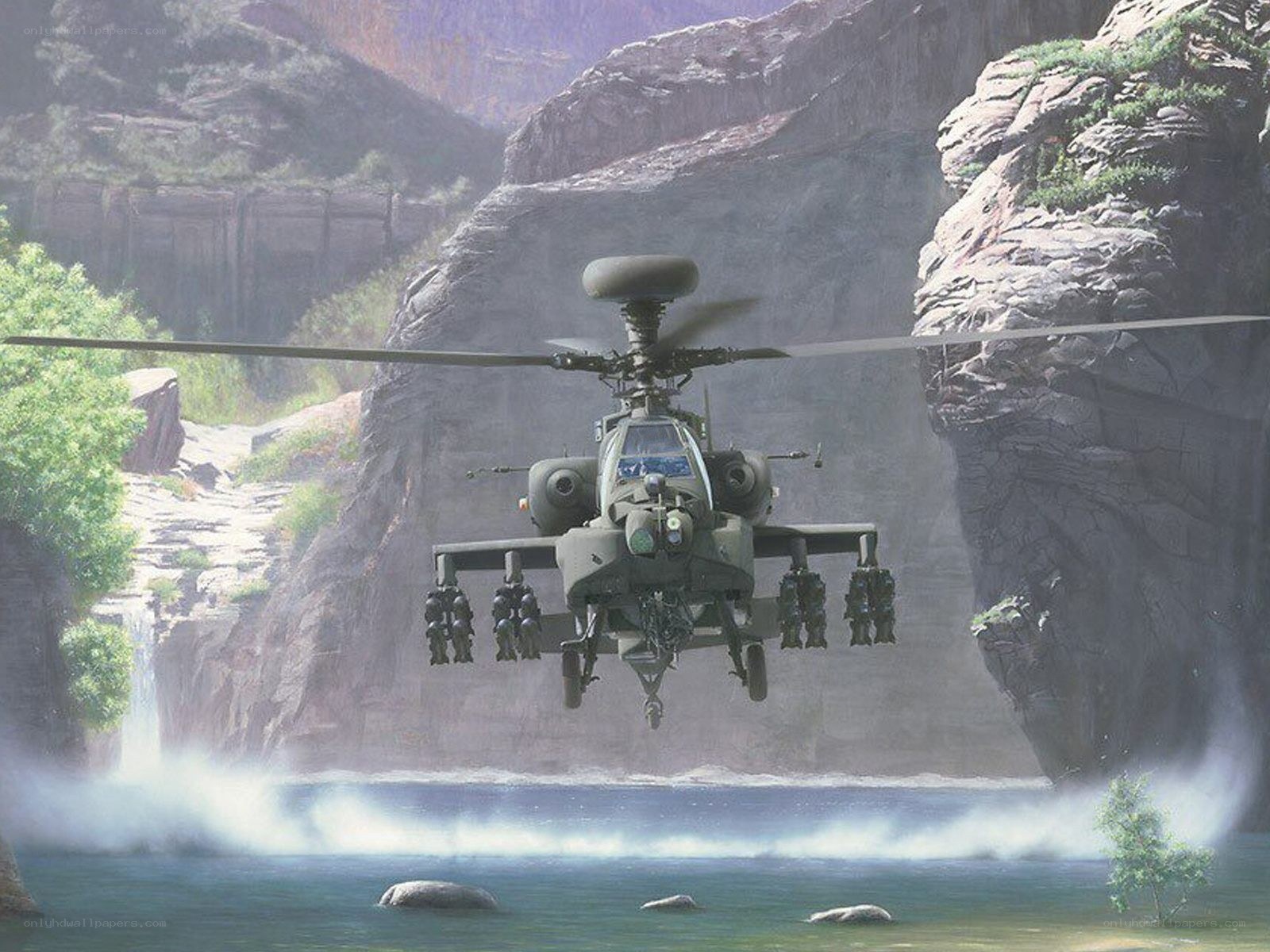 Apache helicopter over canyon