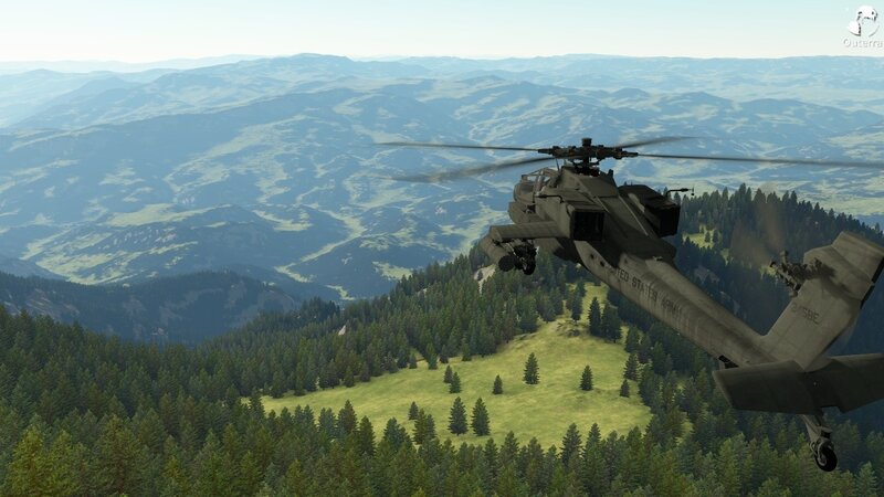 Apache helicopter over forested mountains