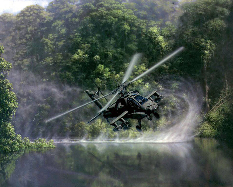 Apache helicopter over jungle river