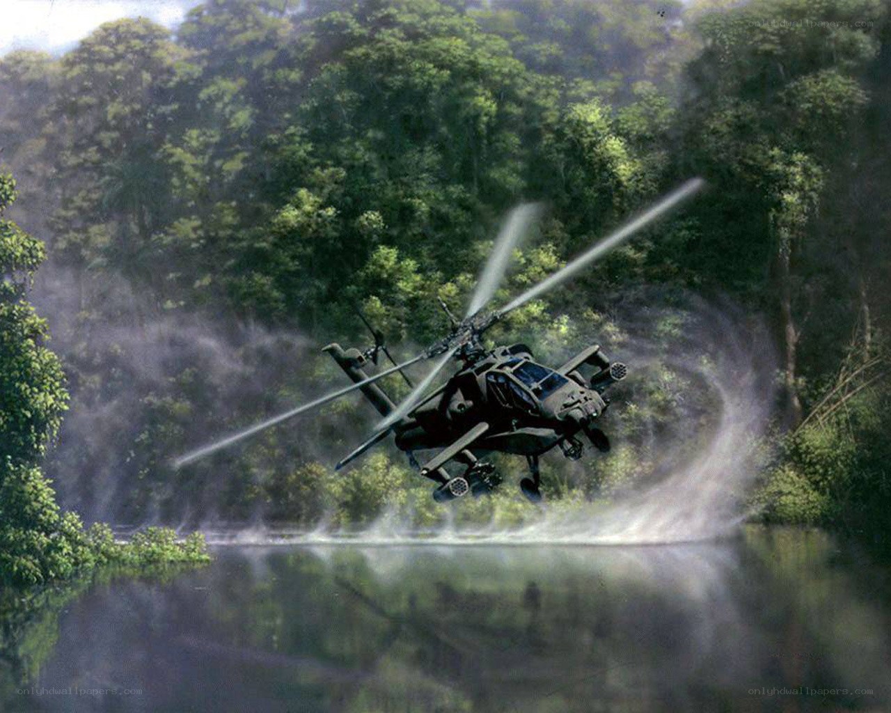 Apache helicopter over jungle river