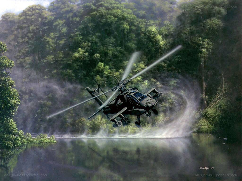 Apache helicopter over jungle river