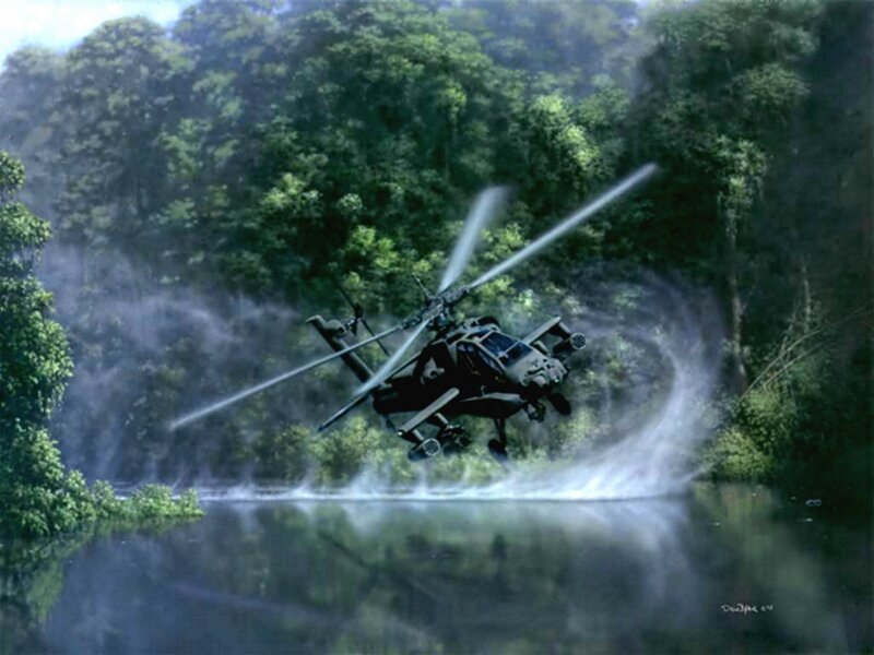 Apache helicopter over jungle river
