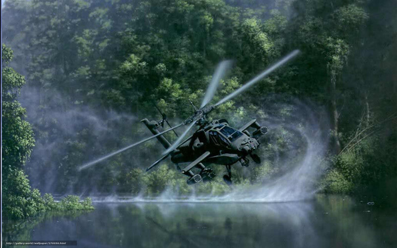 Apache helicopter over river