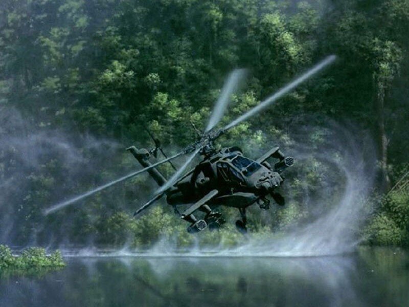 Apache helicopter over water