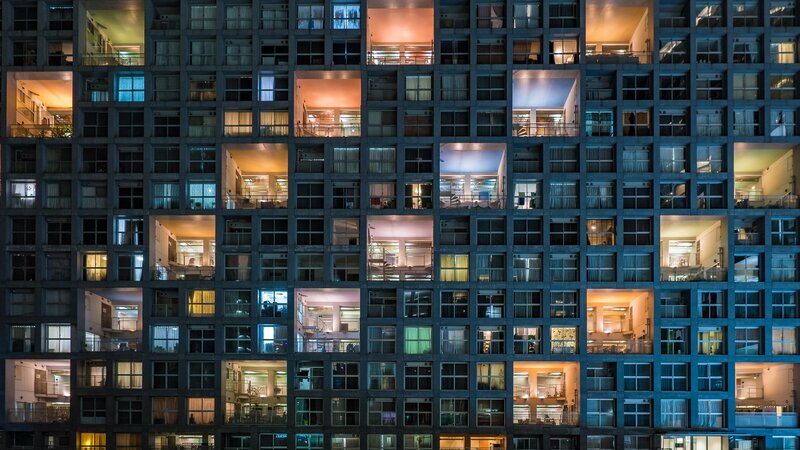 Apartment Building at Night — Black, Dramatic