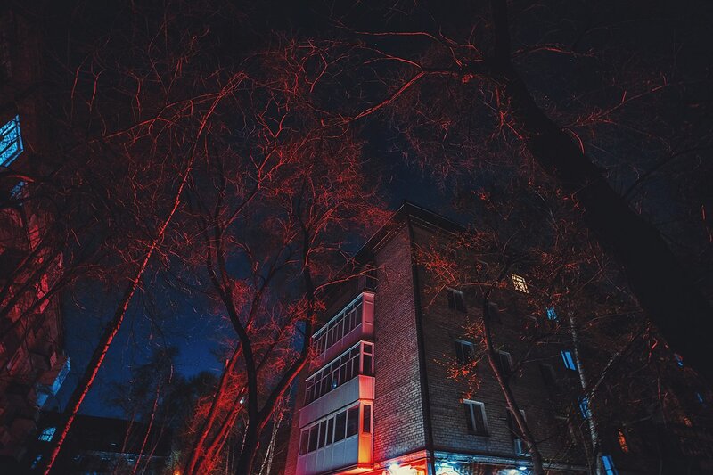Apartment Building at Night — Red