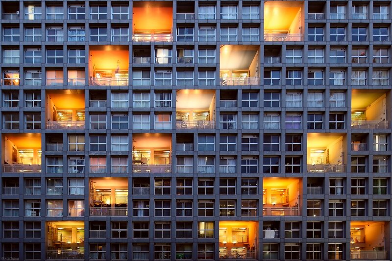 Apartment Building Facade — Gray, Dramatic, Night