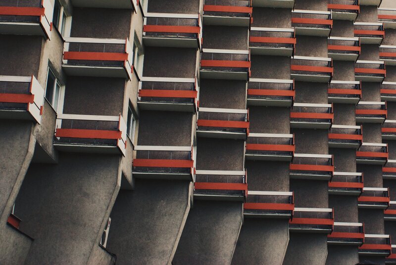 Apartment Building Facade — Gray, Dramatic, Photograph