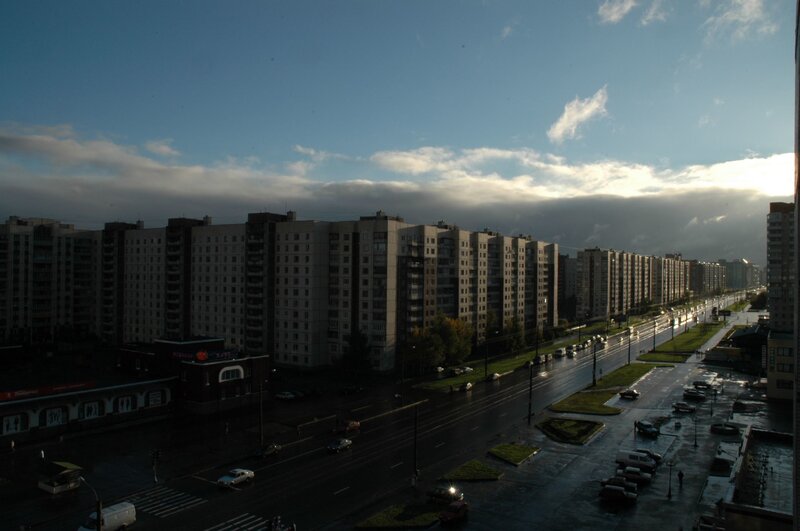 Apartment Buildings and Street — Blue