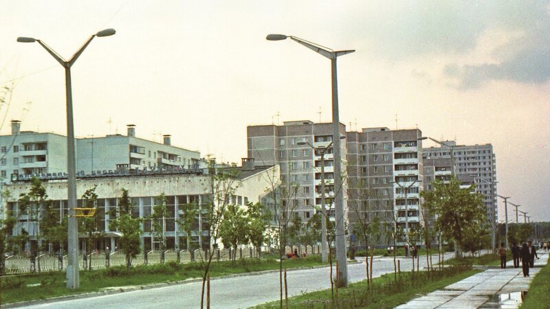 Apartment Buildings and Street — Gray