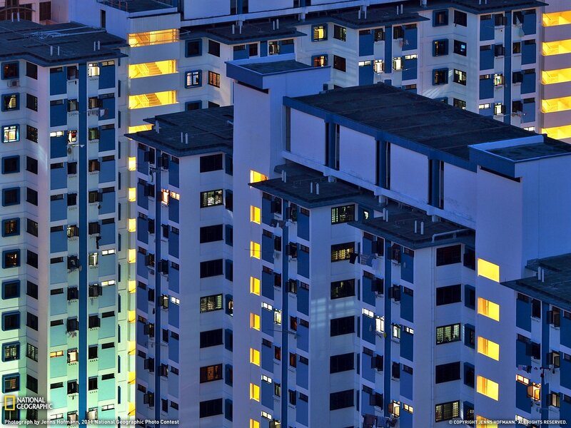 apartment buildings at dusk