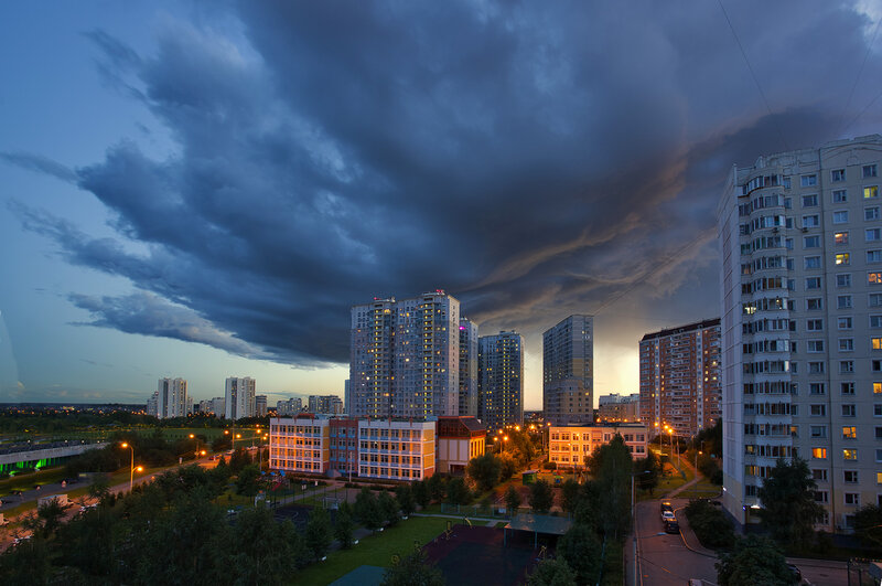 Apartment Buildings at Dusk — Blue, Dramatic