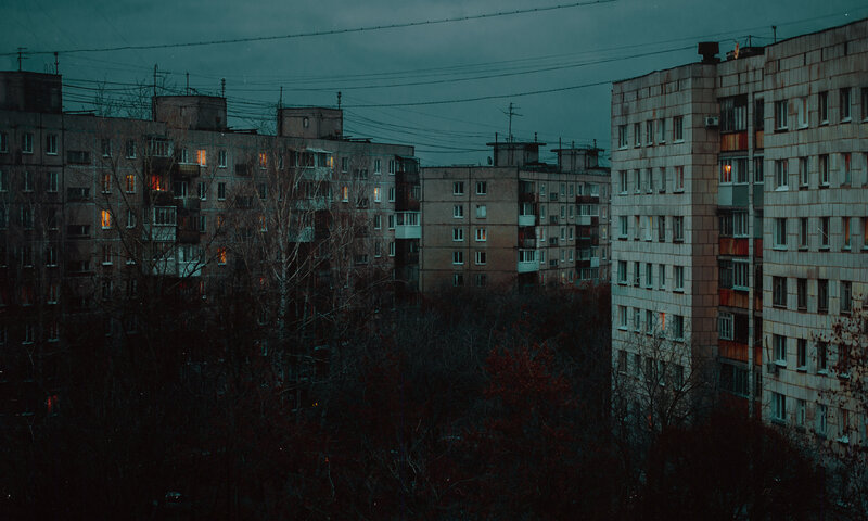Apartment Buildings at Dusk — Dark Blue, Dreary