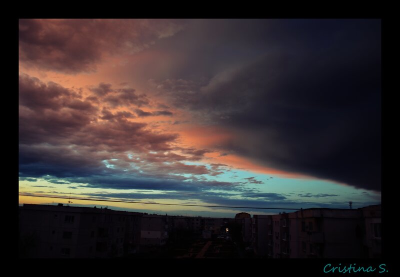 Apartment Buildings at Dusk — Orange, Dramatic