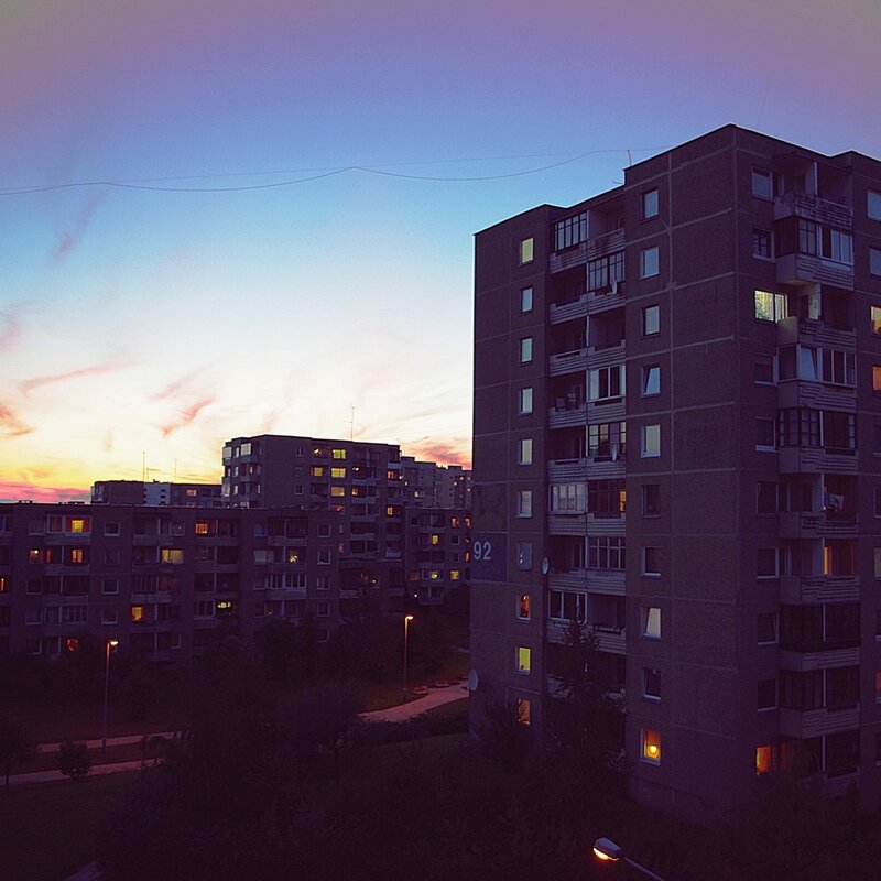 Apartment Buildings at Dusk — Purple, Calm