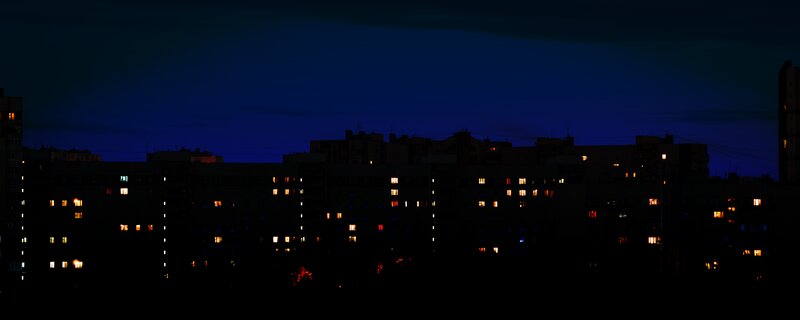 Apartment Buildings at Night — Blue, Dark, Photograph