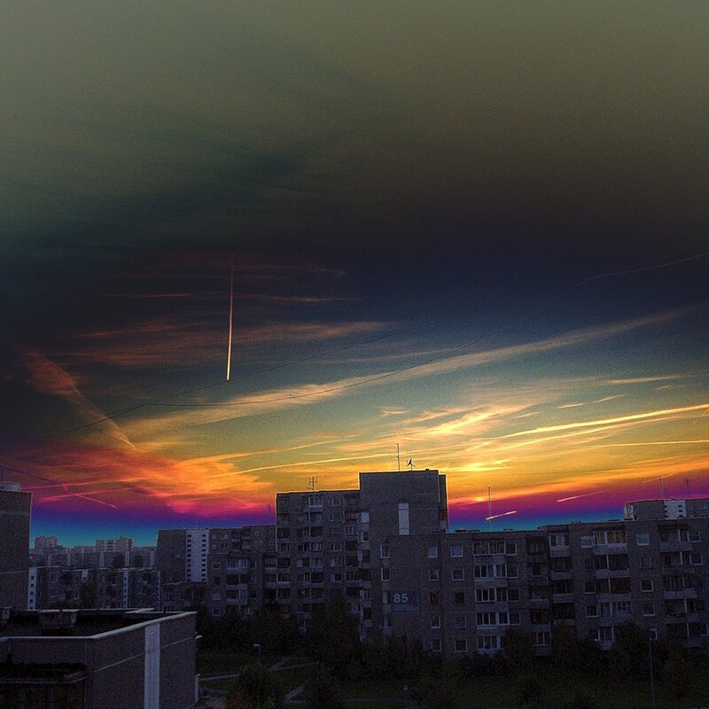Apartment Buildings at Sunset — Orange, Dramatic, Photograph