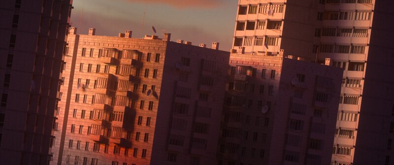 Apartment Buildings at Sunset — Orange, Dramatic