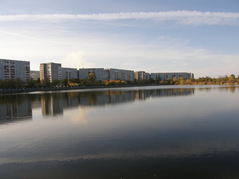 Apartment Buildings by Lake — Blue, Calm