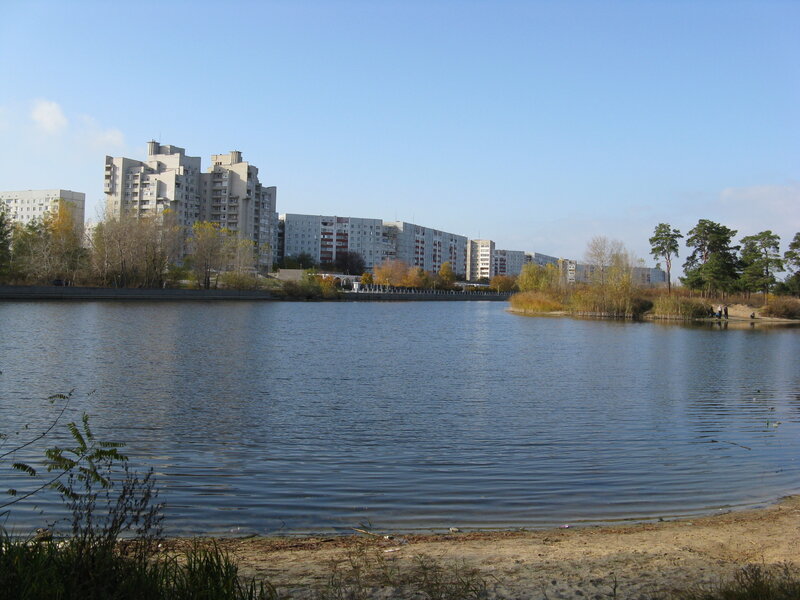 Apartment Buildings by Lake — Blue