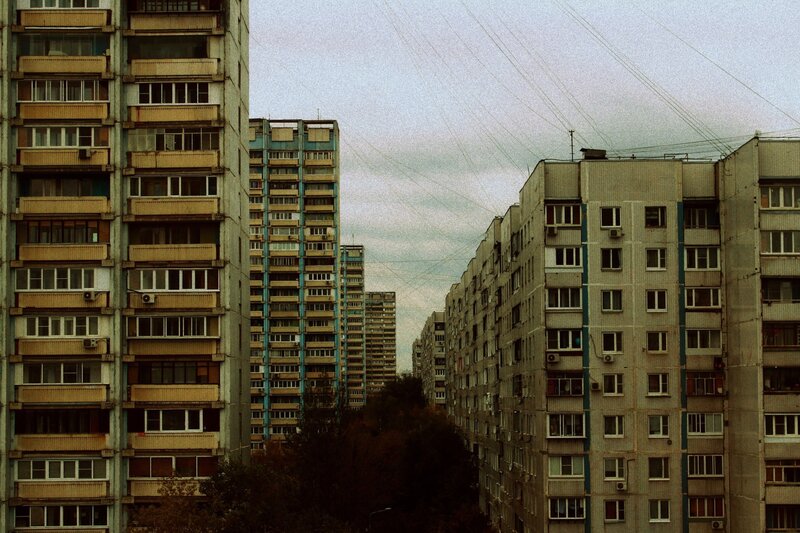 Apartment Buildings in City — Gray, Dramatic