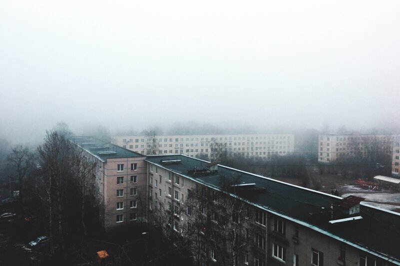Apartment Buildings in Fog — Gray