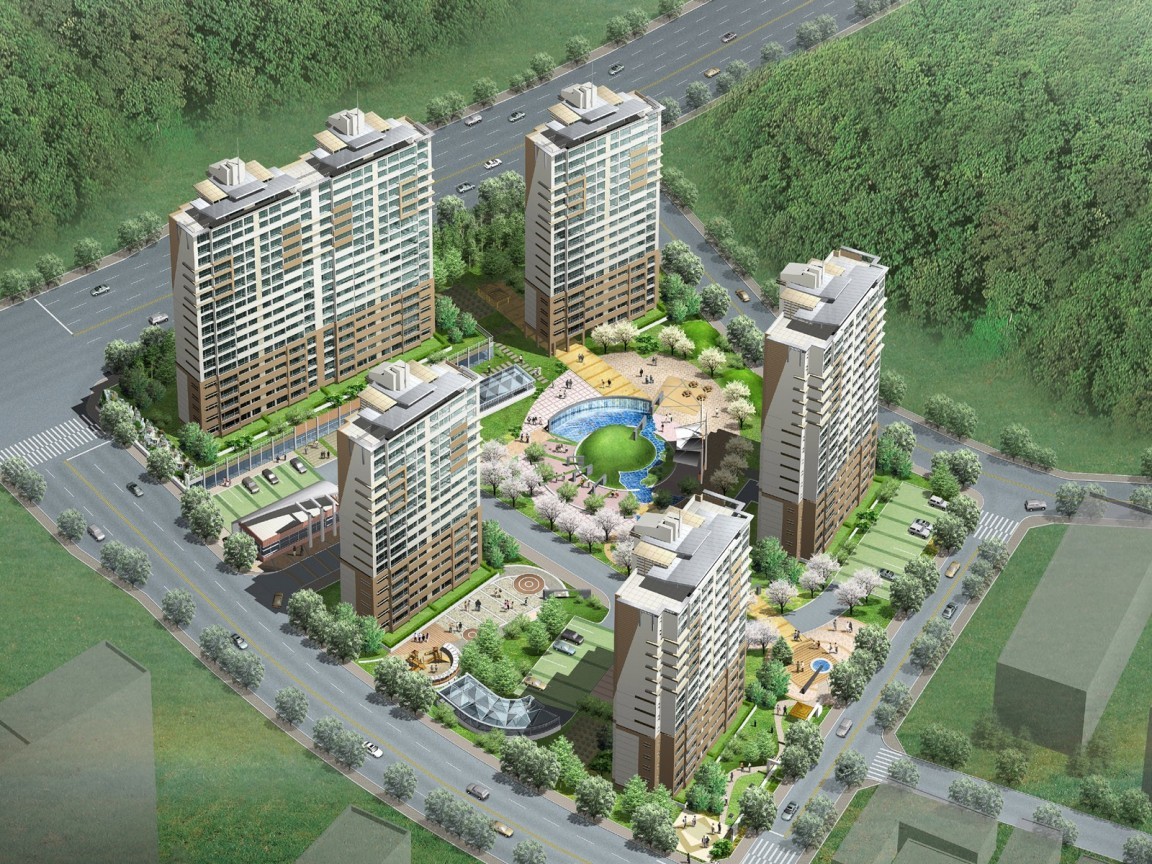 apartment complex with pool and green space