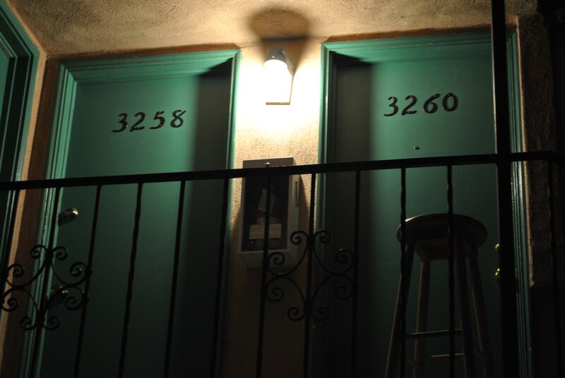 Apartment doors at night