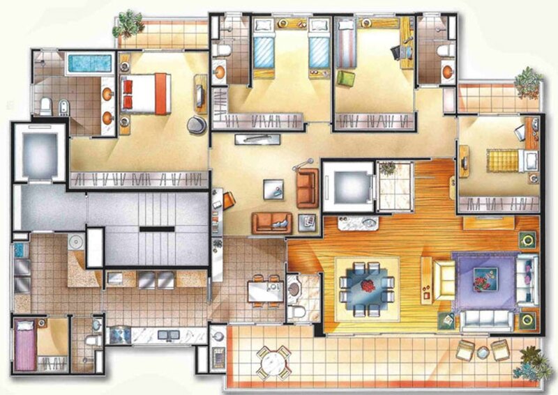 Apartment Floor Plan — Beige, Neutral, Illustration, Furniture, Stairs