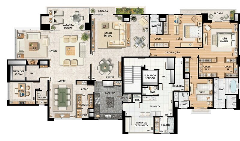 Apartment Floor Plan — Beige, Neutral, Illustration, Rooms, Furniture