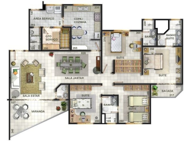 Apartment floor plan with five suites