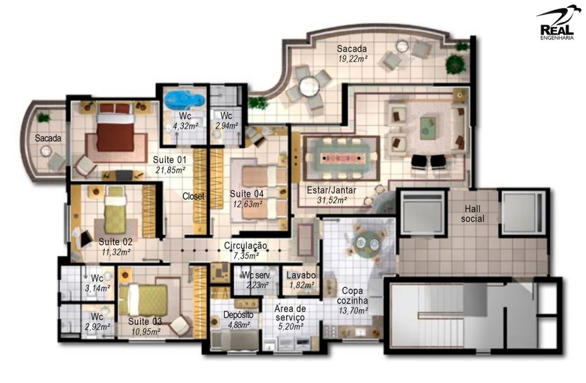 Apartment floor plan with four suites