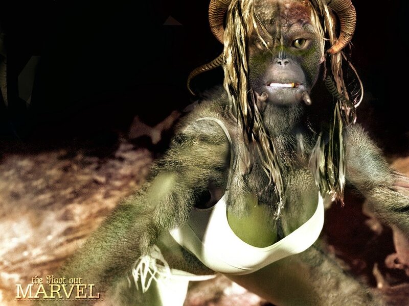 ape-like creature in white top
